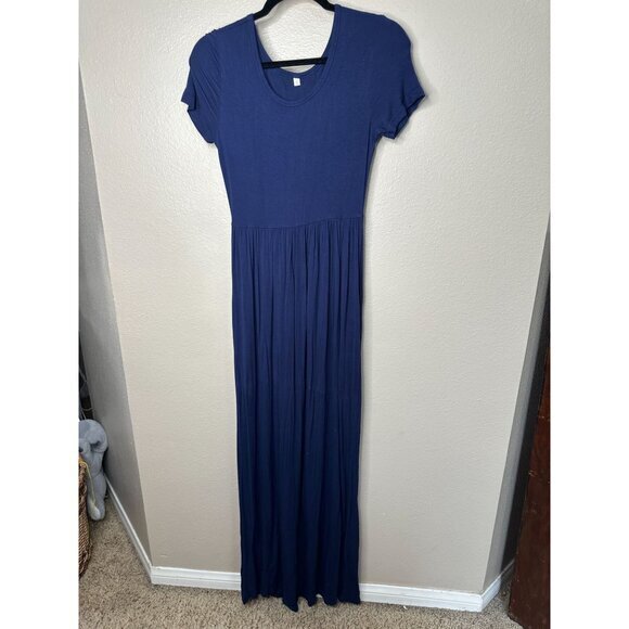 Womens Navy Blue Maxi Dress Small short‎ sleeve rayon pullover round neck - Picture 1 of 8